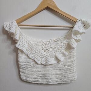 Women Crochet Off-Shoulder Crop Top M/L Cream Ruffle Corset Cottage Boho Peasant